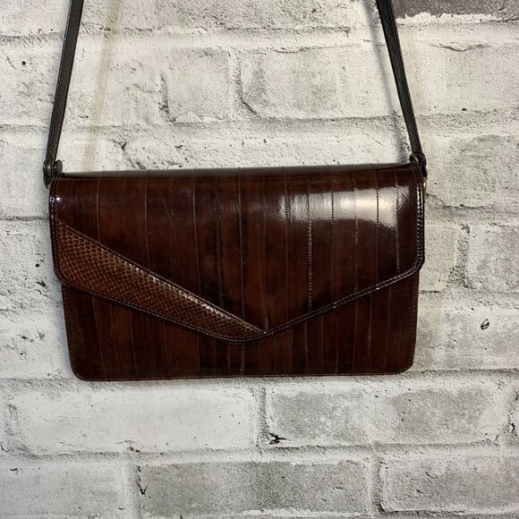Vintage 80s Burgundy Eel Skin Shoulder Bag Crossbody Handbag Clutch Purse - Picture 2 of 16